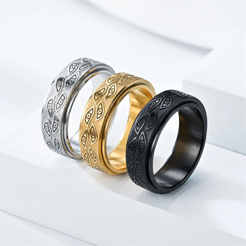Anti Stress, Stainless Steel Spinner Ring - Demon eye pattern