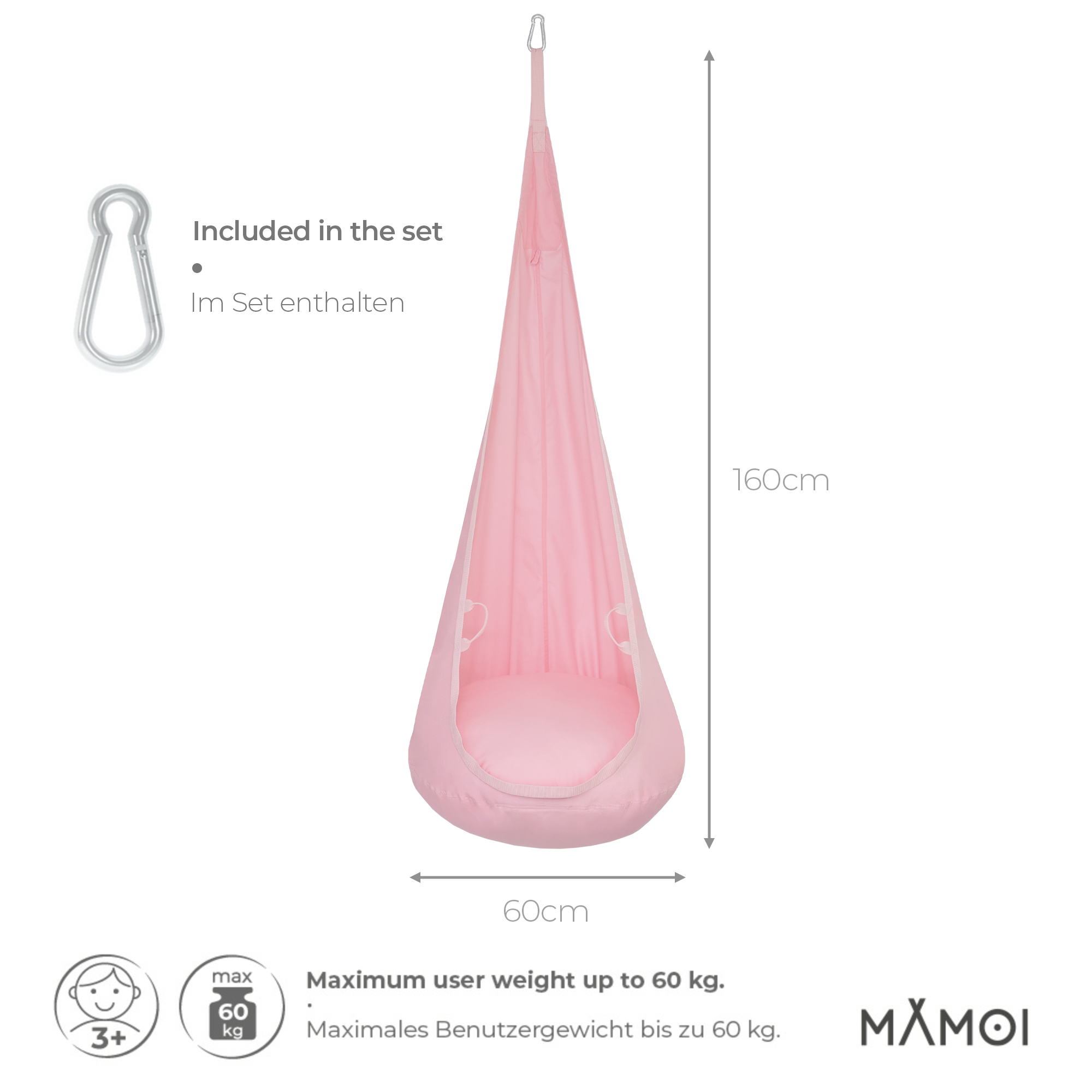 MAMOI® Swing hanging chair Pink, Indoor hammock, Sensory swing seat for bedroom for kids, Child door swinging nest for autism, Garden egg swings for children-2