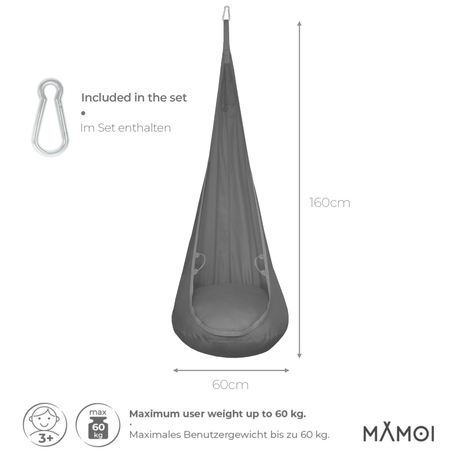MAMOI® Swing hanging chair Grey, Indoor hammock, Sensory swing seat for bedroom for kids, Child door swinging nest for autism, Garden egg swings for children-1